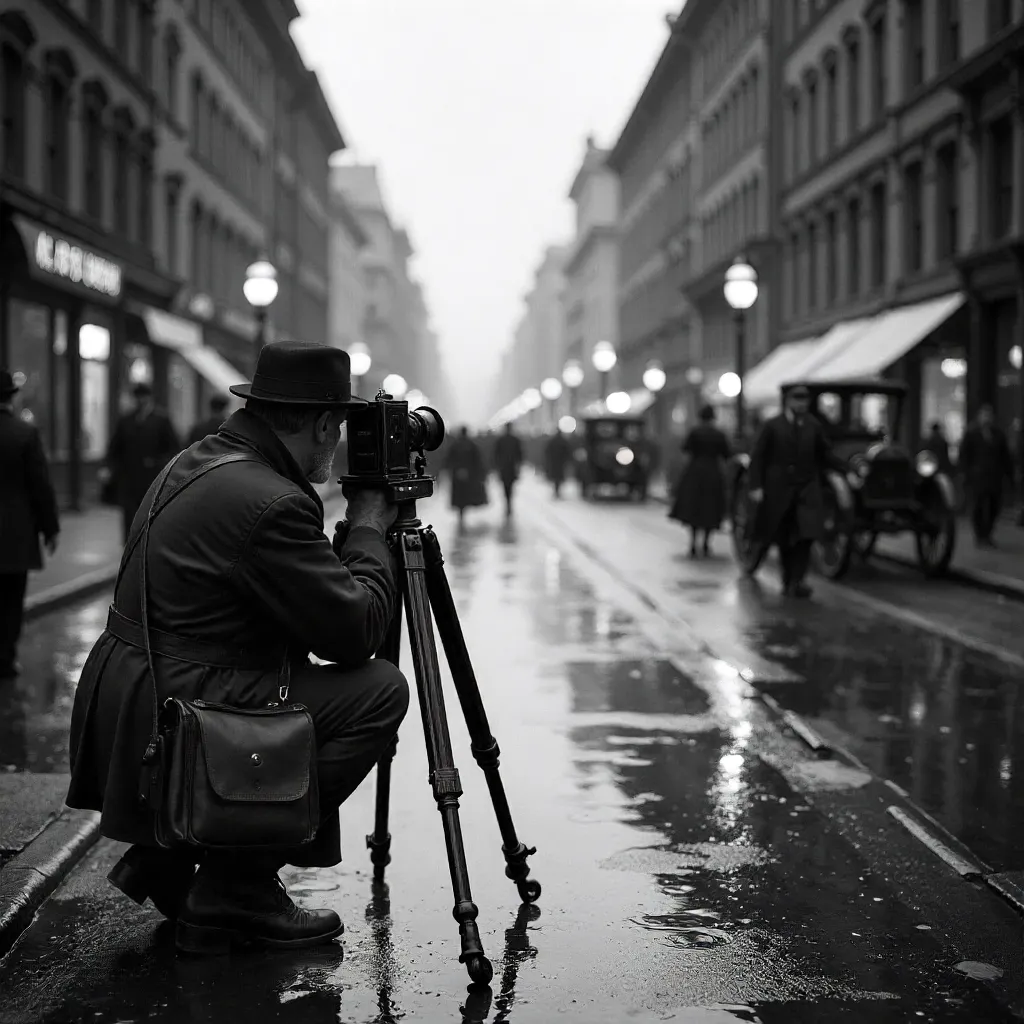 Photographer with Large-Format Camera on Busy Street