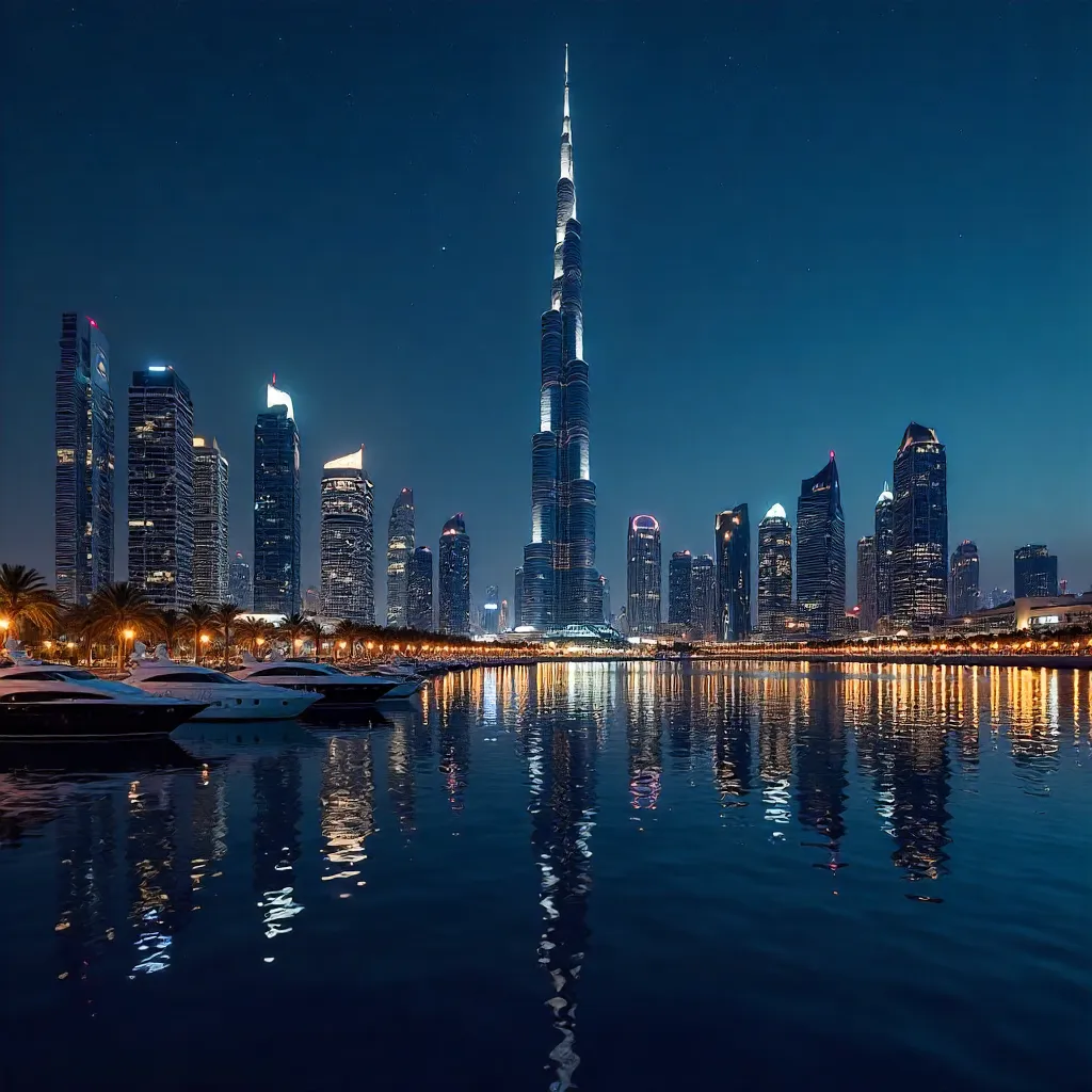 Dubai Nighttime Skyline Reflections on Calm Water