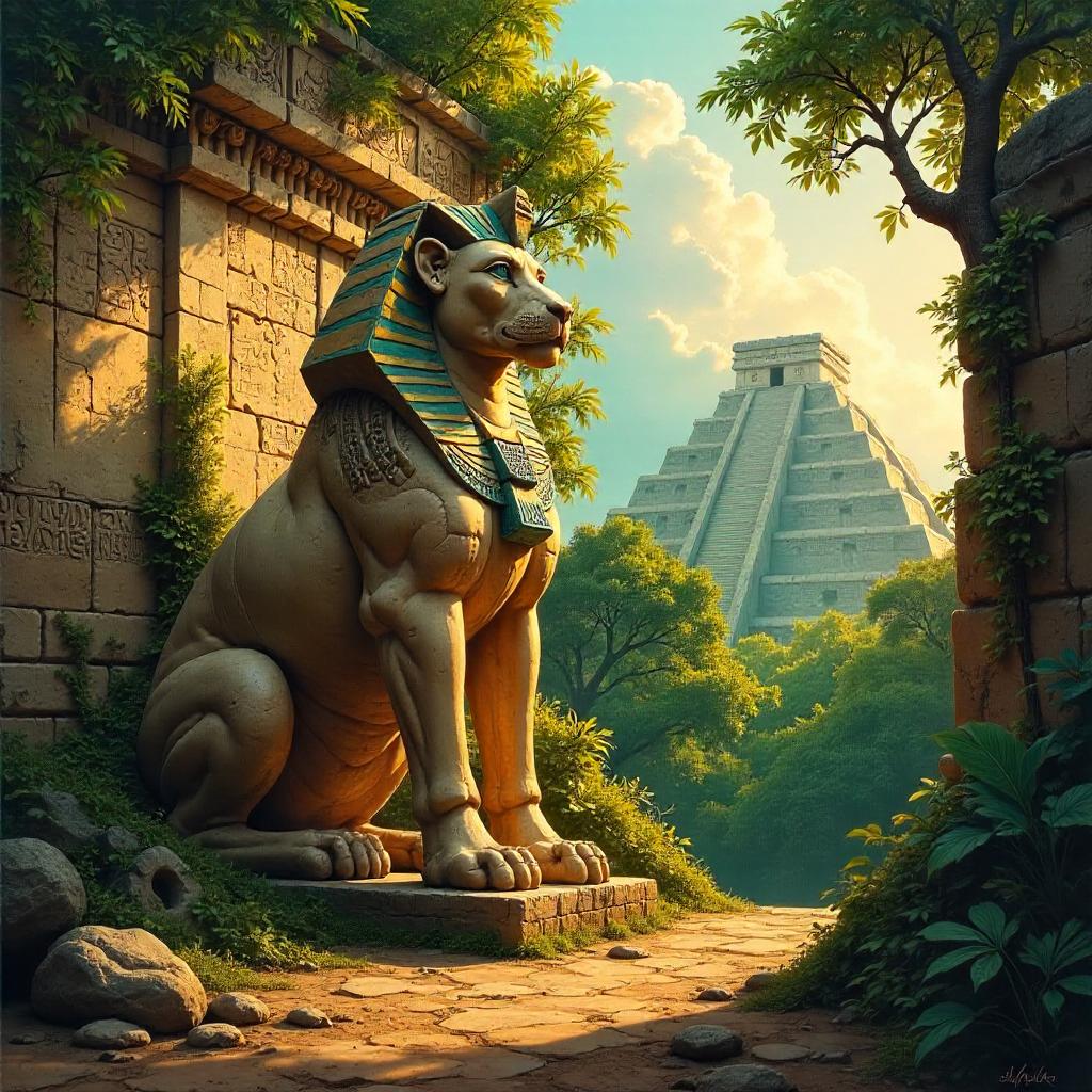 Sphinx in Mayan Ruins - Oil Painting