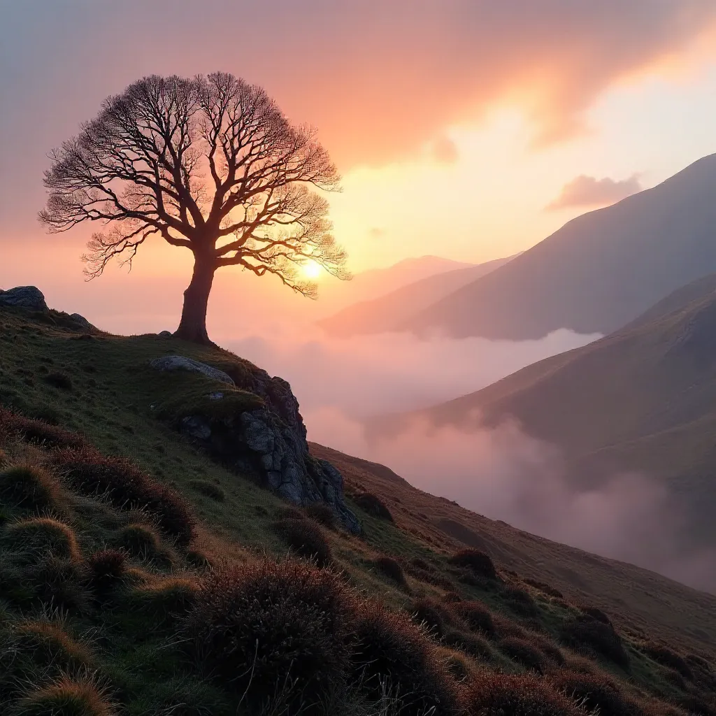 Sunrise Silhouette in Misty Scottish Highlands