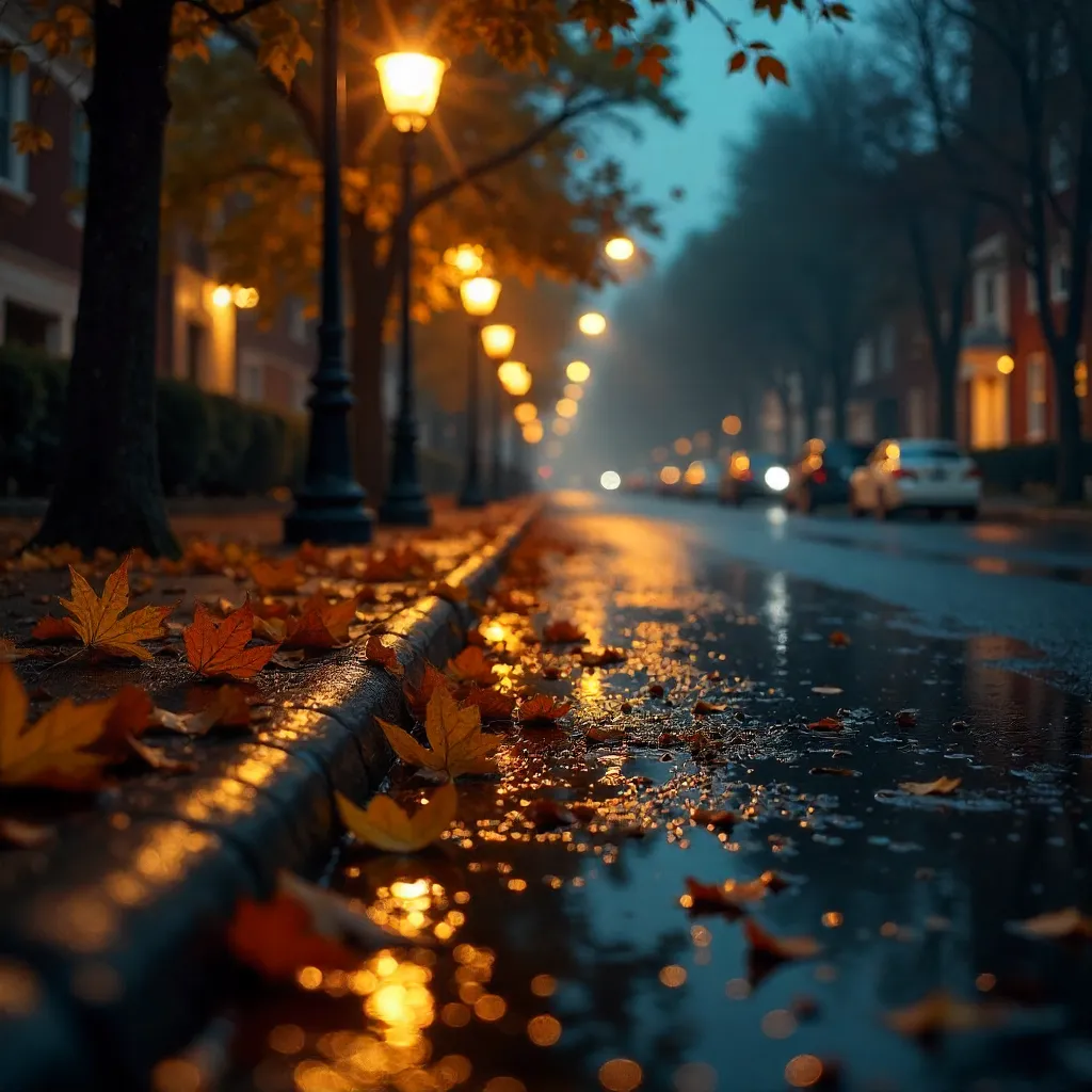 Moody Rainlit Lanterns and Autumn Leaves