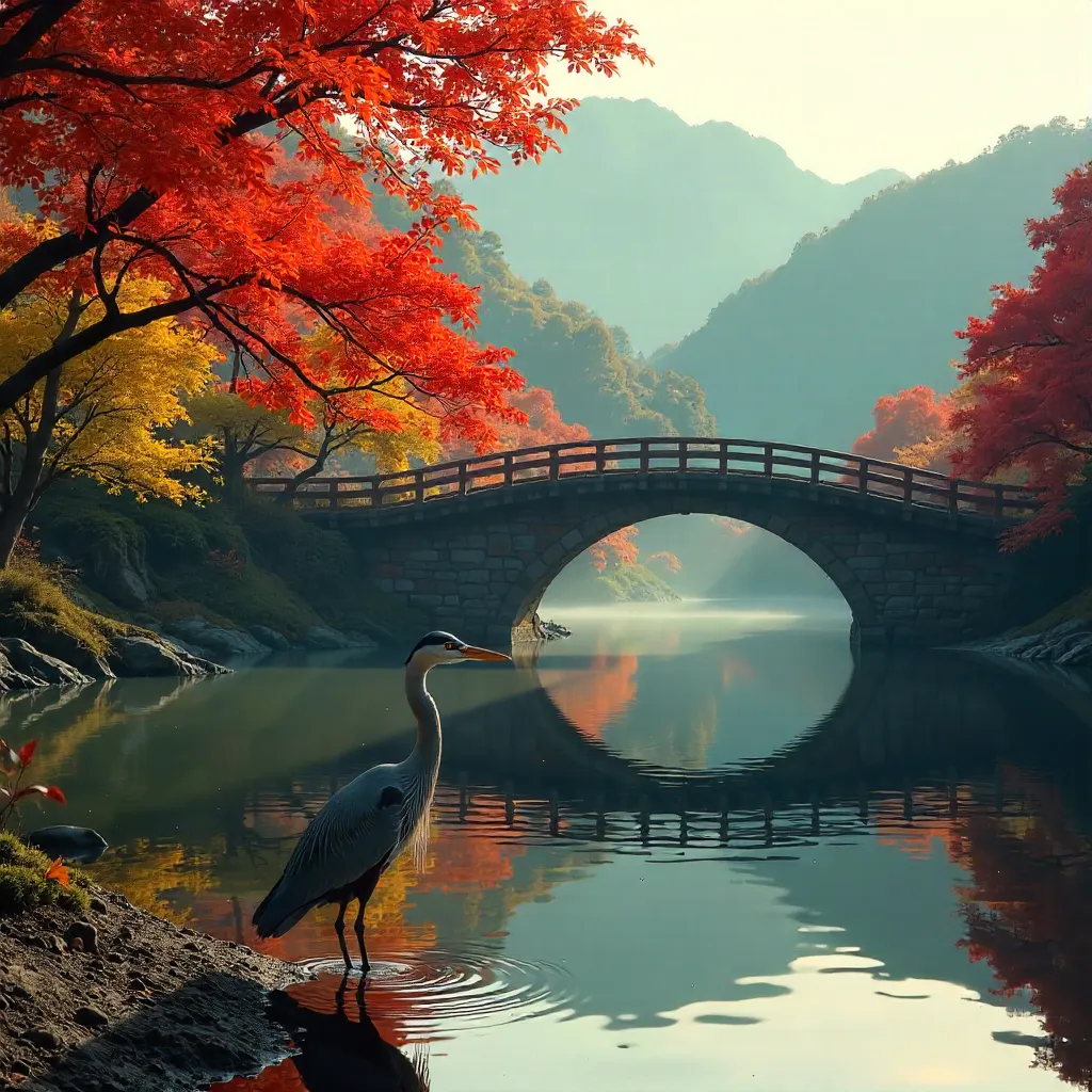 Heron by Togetsukyo Bridge in Autumn Arashiyama