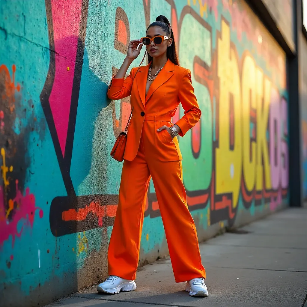 Orange Attire by a Colorful Wall: Street Style