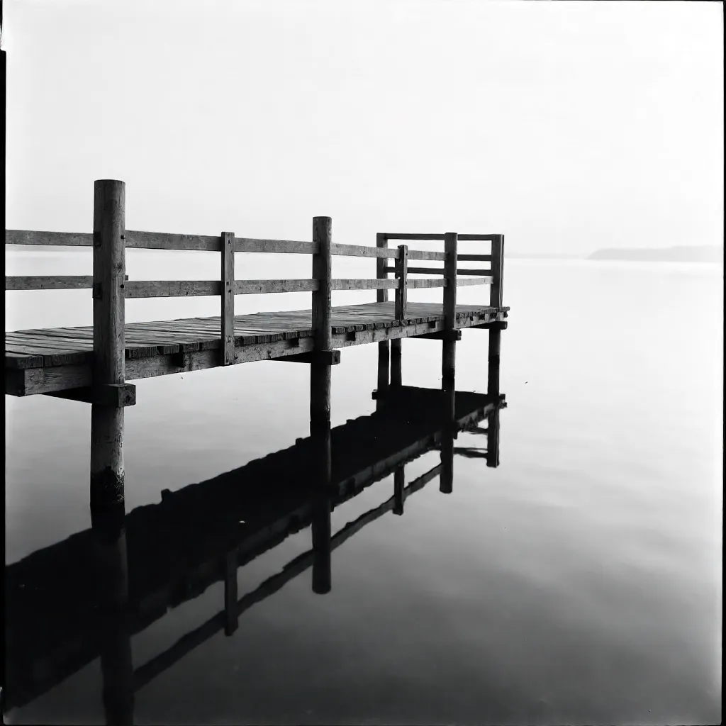 Calm Black-and-White Fishing Platform Reflection