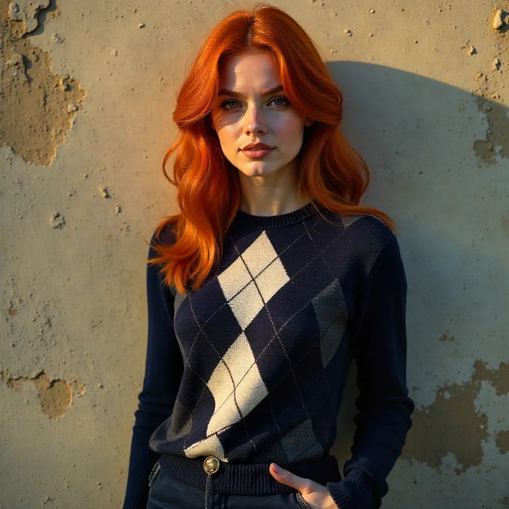 Stylish Red-Haired Woman in Argyle Sweater