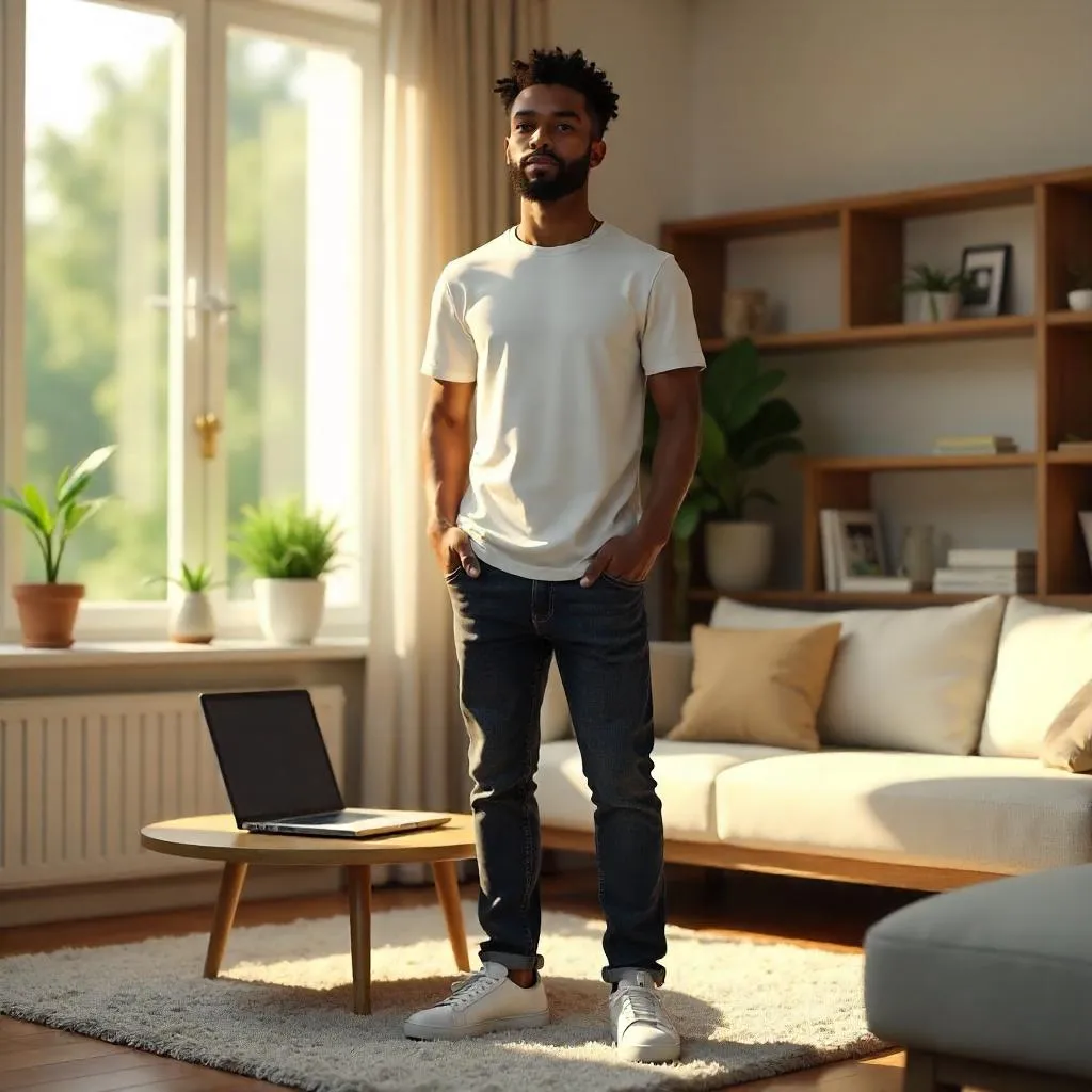 3D Render: A Young Black Man in a Cozy Home Living Room