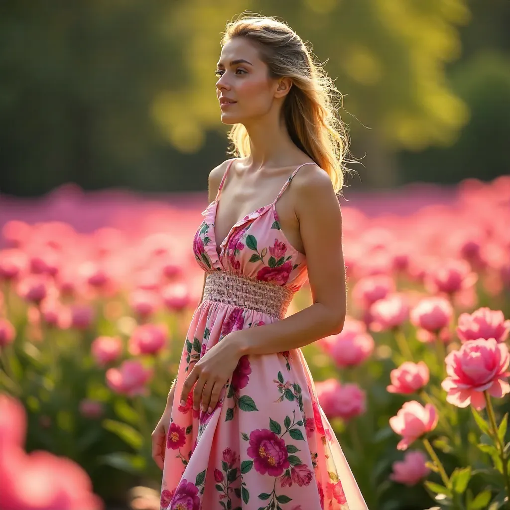 Woman in Floral Dress Among Vivid Pink Blossoms Outdoors