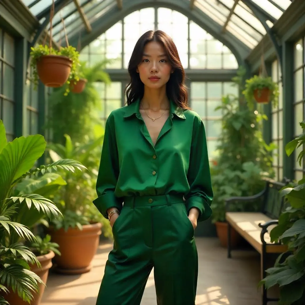 Photorealistic Asian Woman in a Sunlit Conservatory