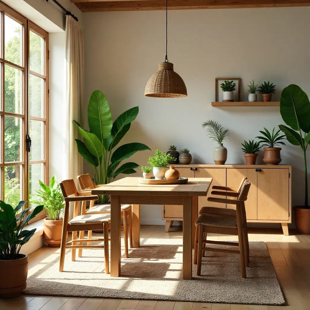 Cozy Dining Room with Wooden Table and Lush Plants
