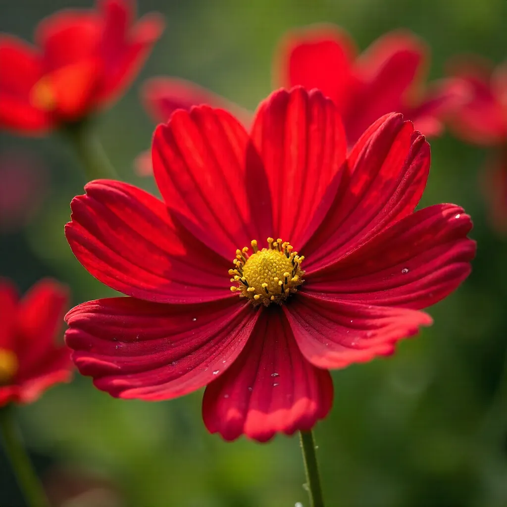 Crimson Cosmos Macro Bloom in Spring Light
