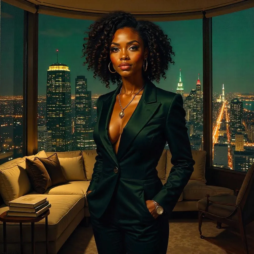 Confident Black Woman in an Urban Penthouse Oil Portrait