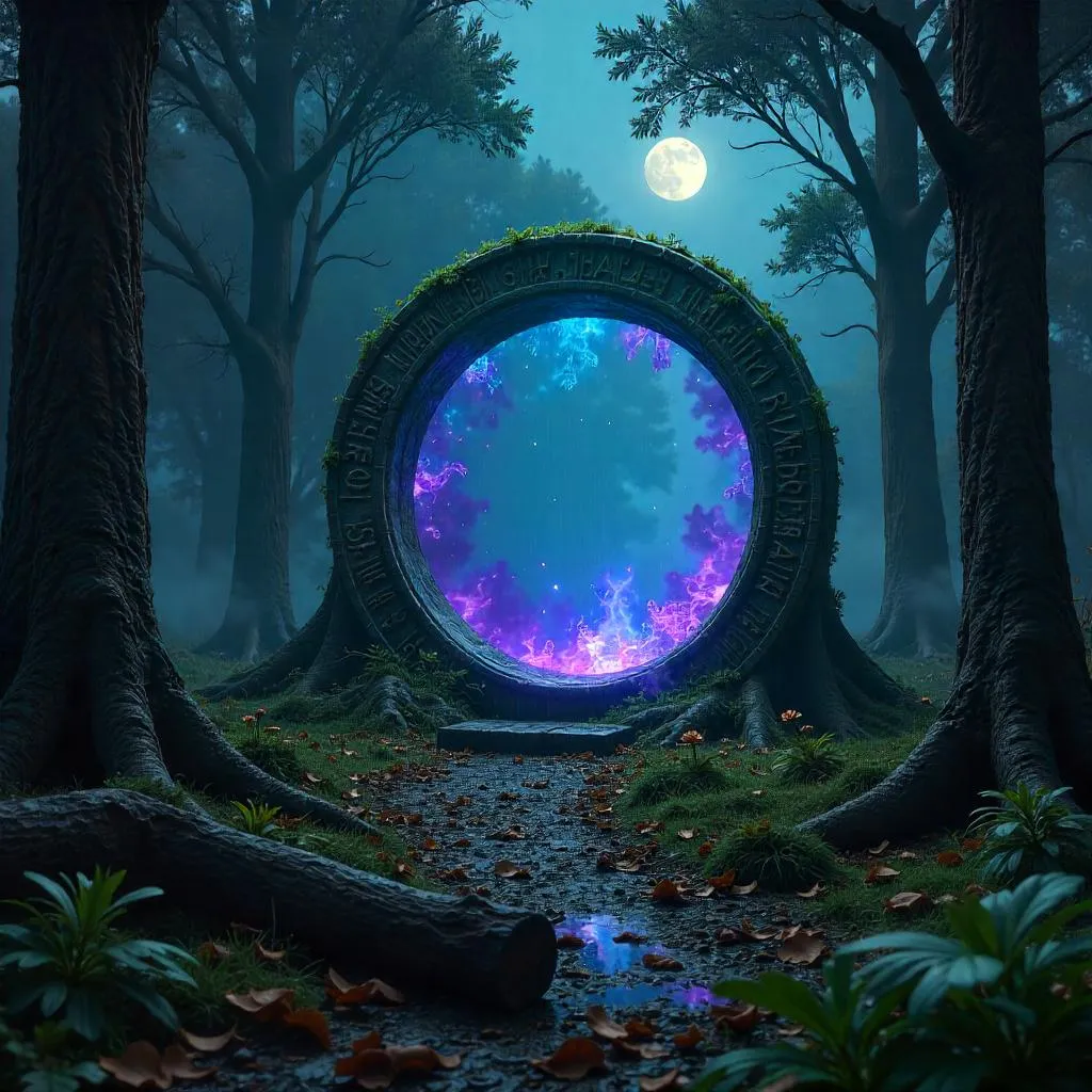 Portal in the Dark Forest: Photorealistic Night Scene