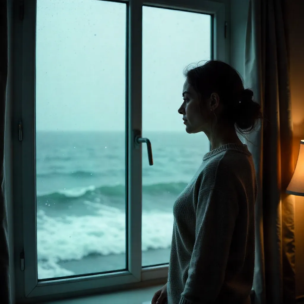 Contemplative Woman by a Rainy Seascape Window