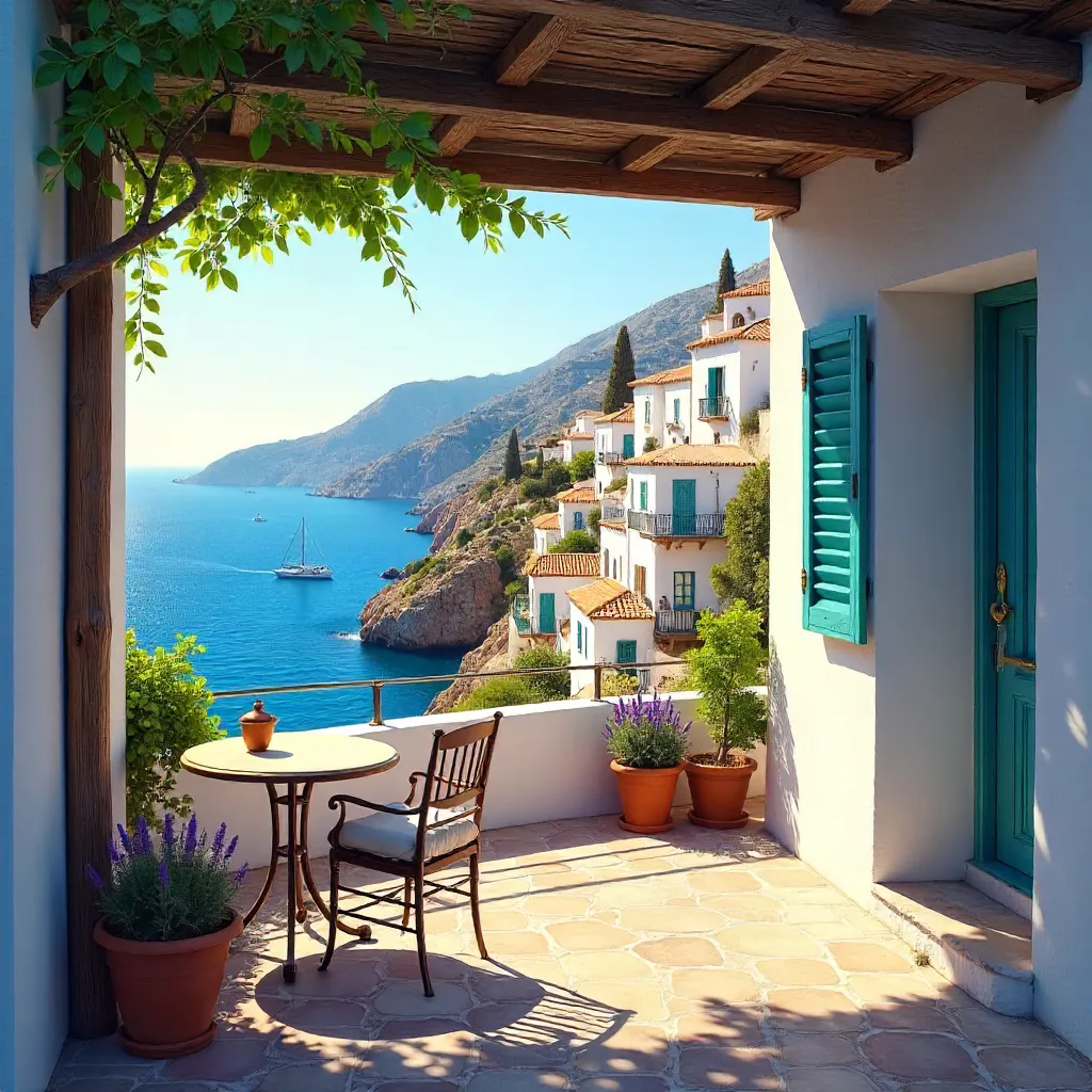 Sea-View Mediterranean Village with Rooftops and Terrace