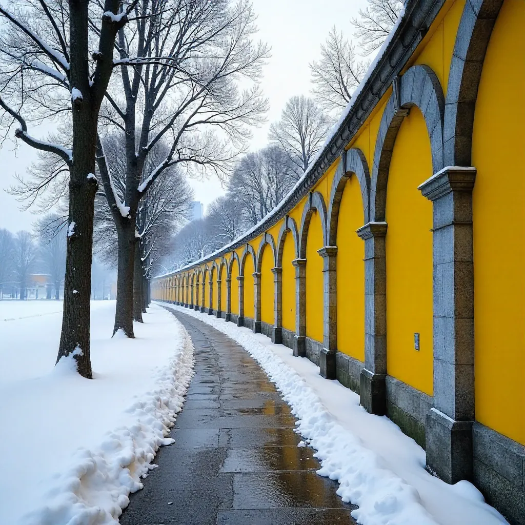 Snowy Berlin Park: Yellow Wall and Arches