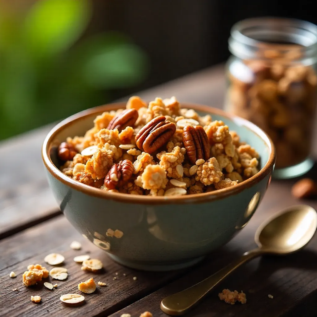 Golden Homemade Granola with Pecans for Breakfast