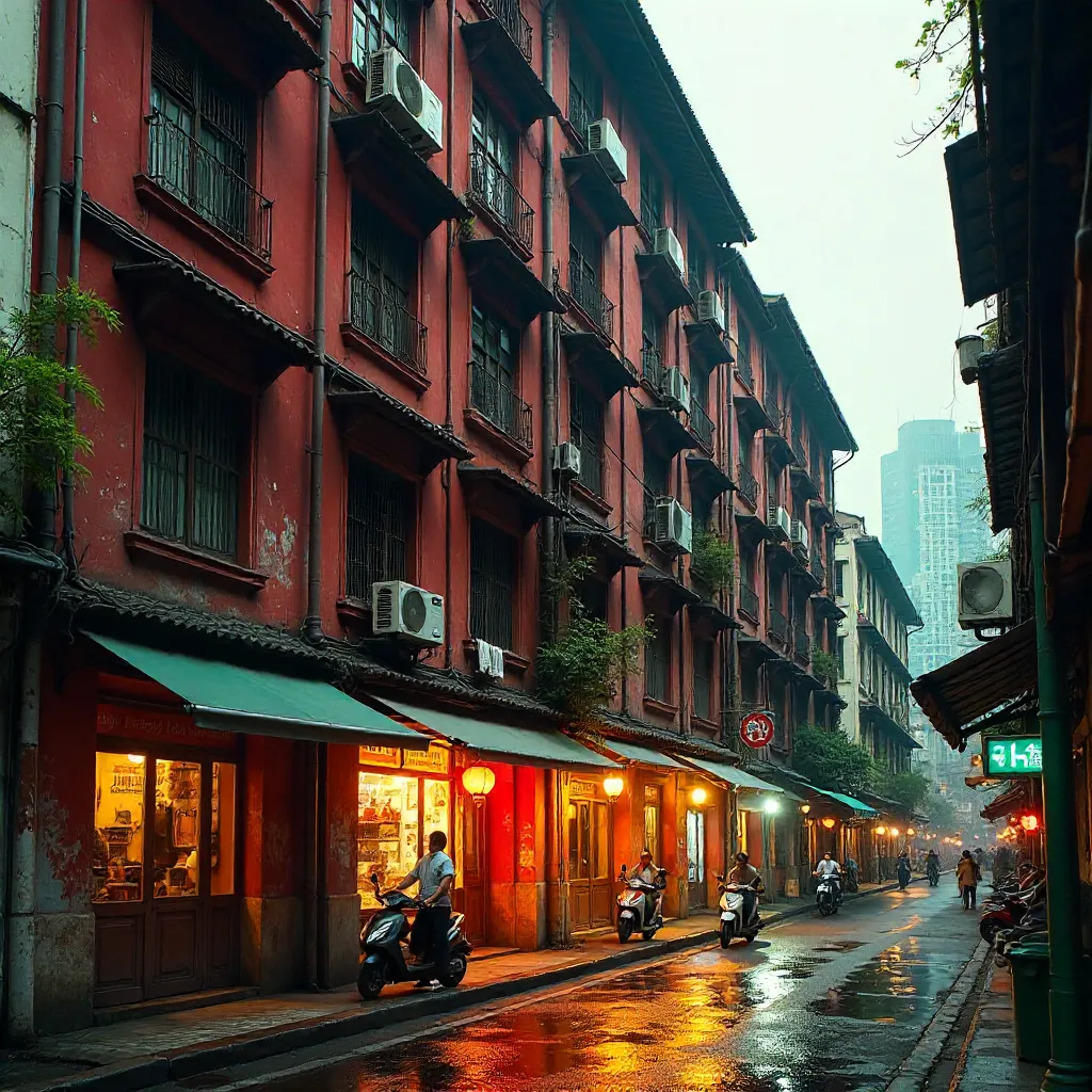 Red Facade Flats in Singapore's Chinatown with Air Cons