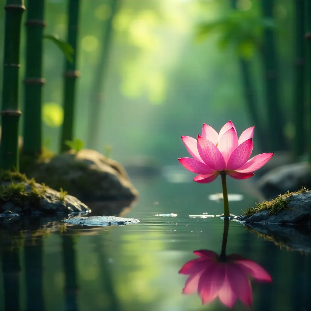 Pink Lotus Bloom in a Tranquil Bamboo Forest
