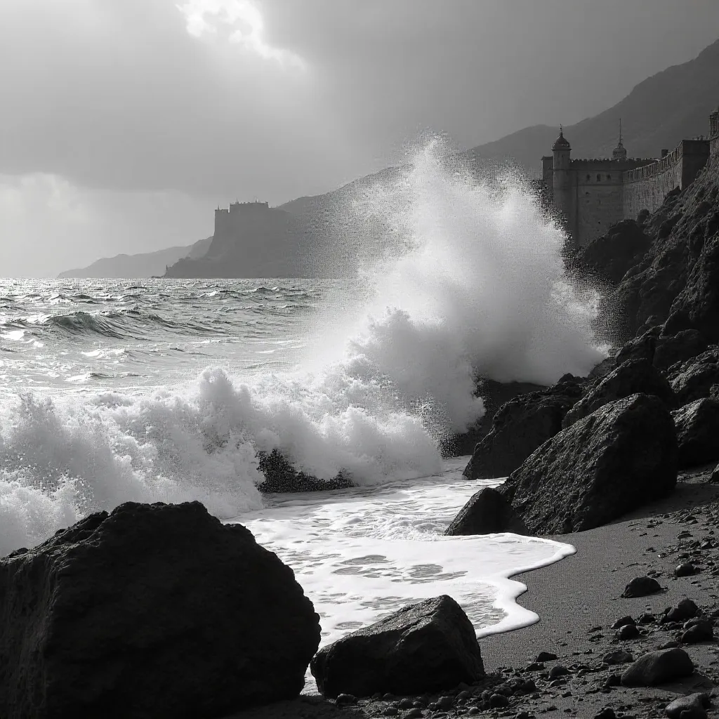 Black and White Wave Crashing on Rabat’s Rocky Atlantic Coast
