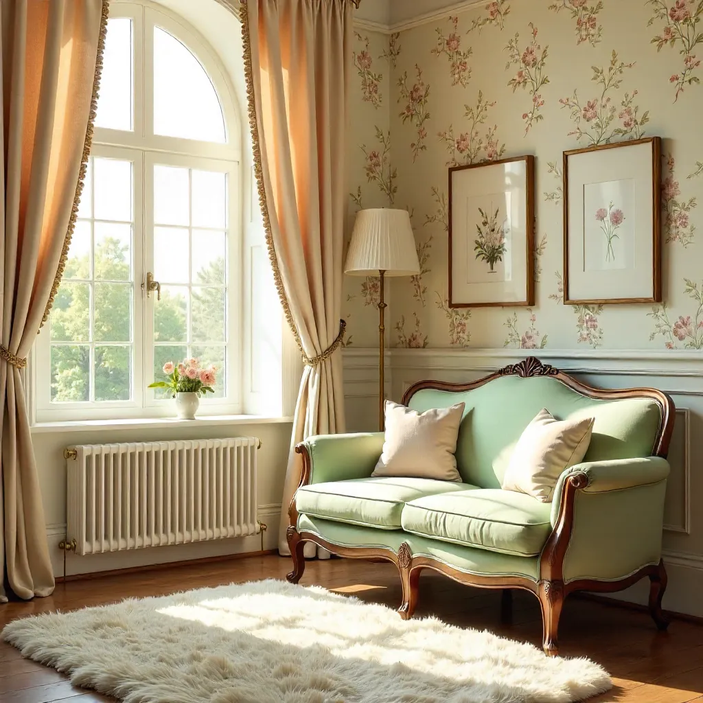 Elegant Room with Floral Curtains, Vintage Wallpaper, and Classic Sofa