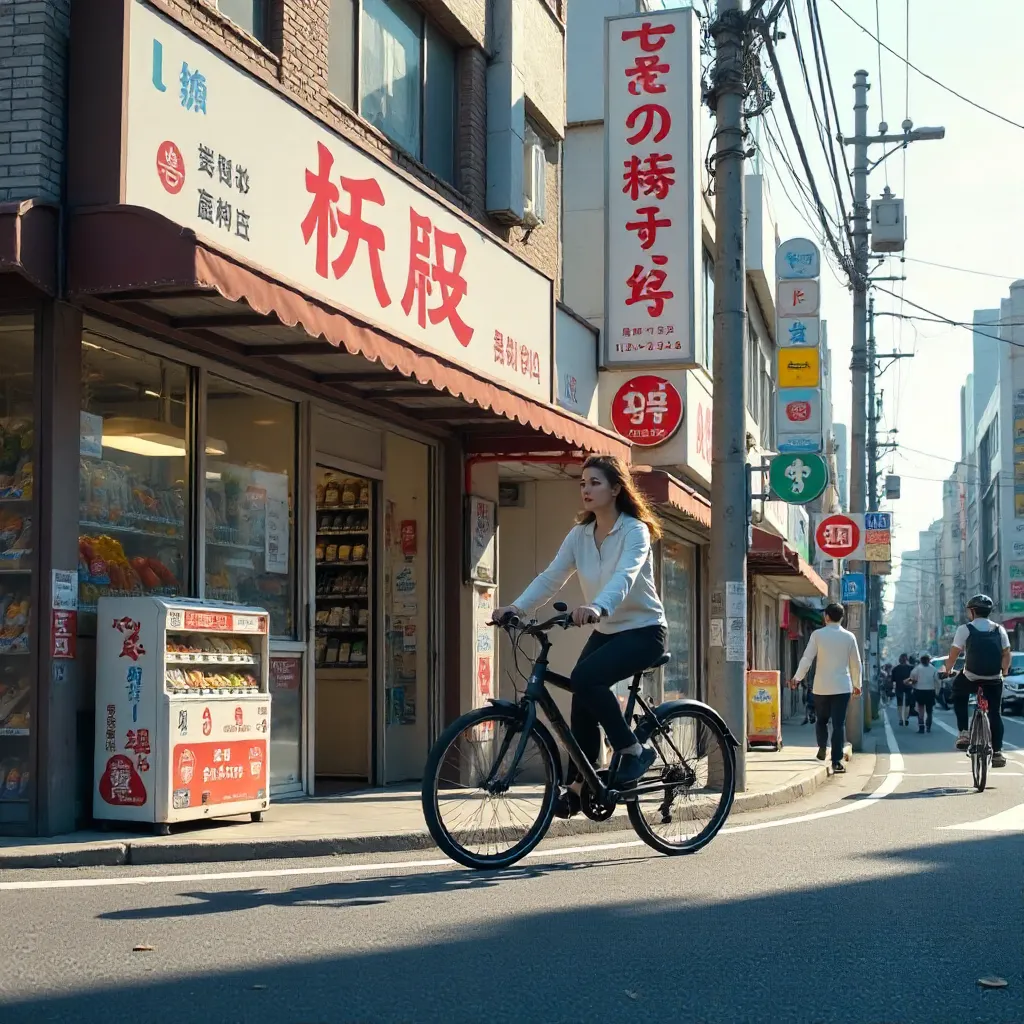 Cyclist by a Tokyo Grocery Store with Japanese Signage