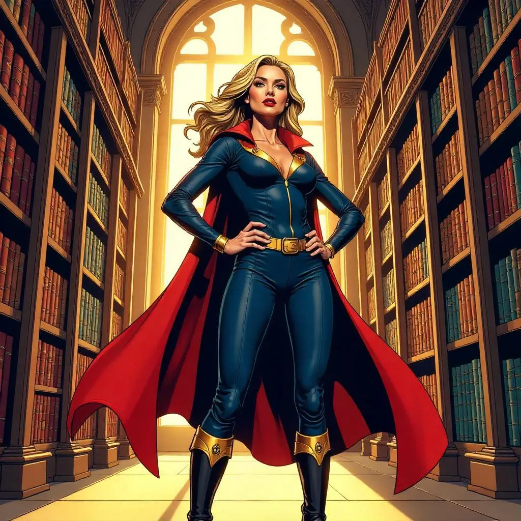 Confident White Woman in a Library - Comic Book Style