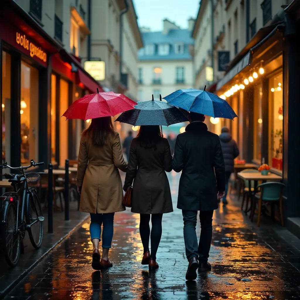 Three Umbrella Walkers on a Rainy French Street