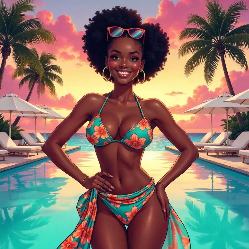 Confident Black Woman at a Tropical Anime Resort