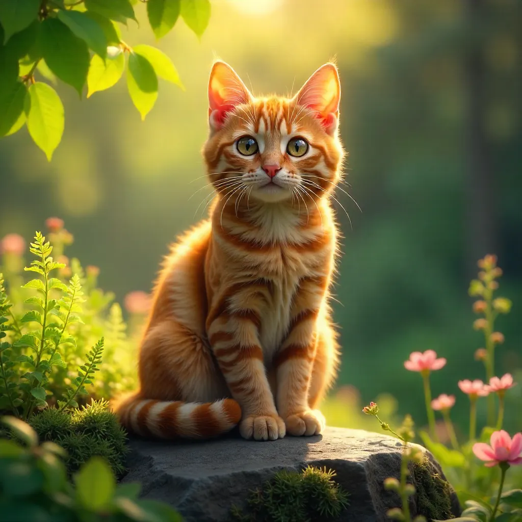 Sunny Ginger Tabby on a Rock Amid Greenery