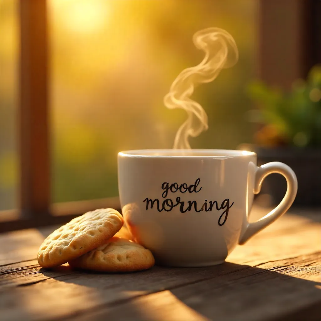 Cozy Morning Coffee: Cup with Text and Biscuits on Warm Light