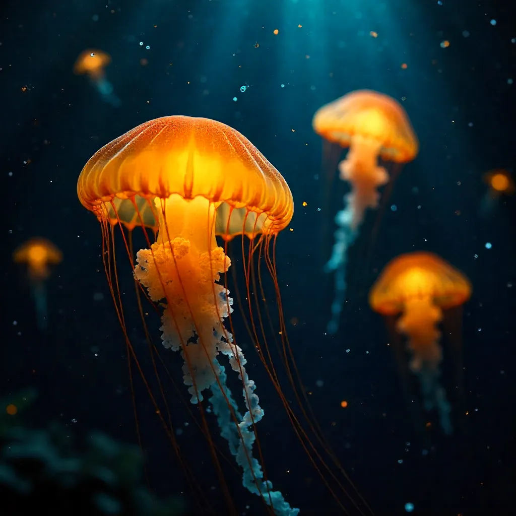 Glowing Orange Jellyfish in the Dark Ocean