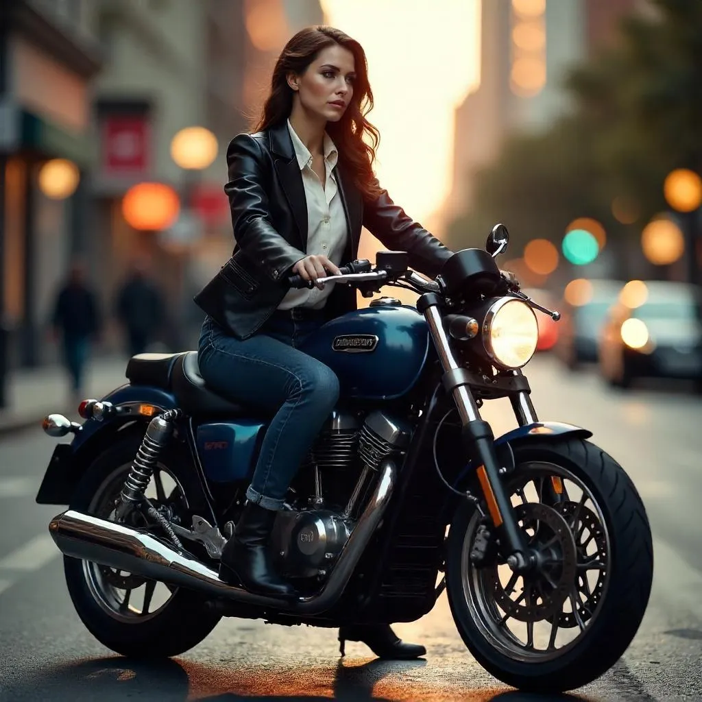 Elegant White Woman on a Sleek Motorcycle