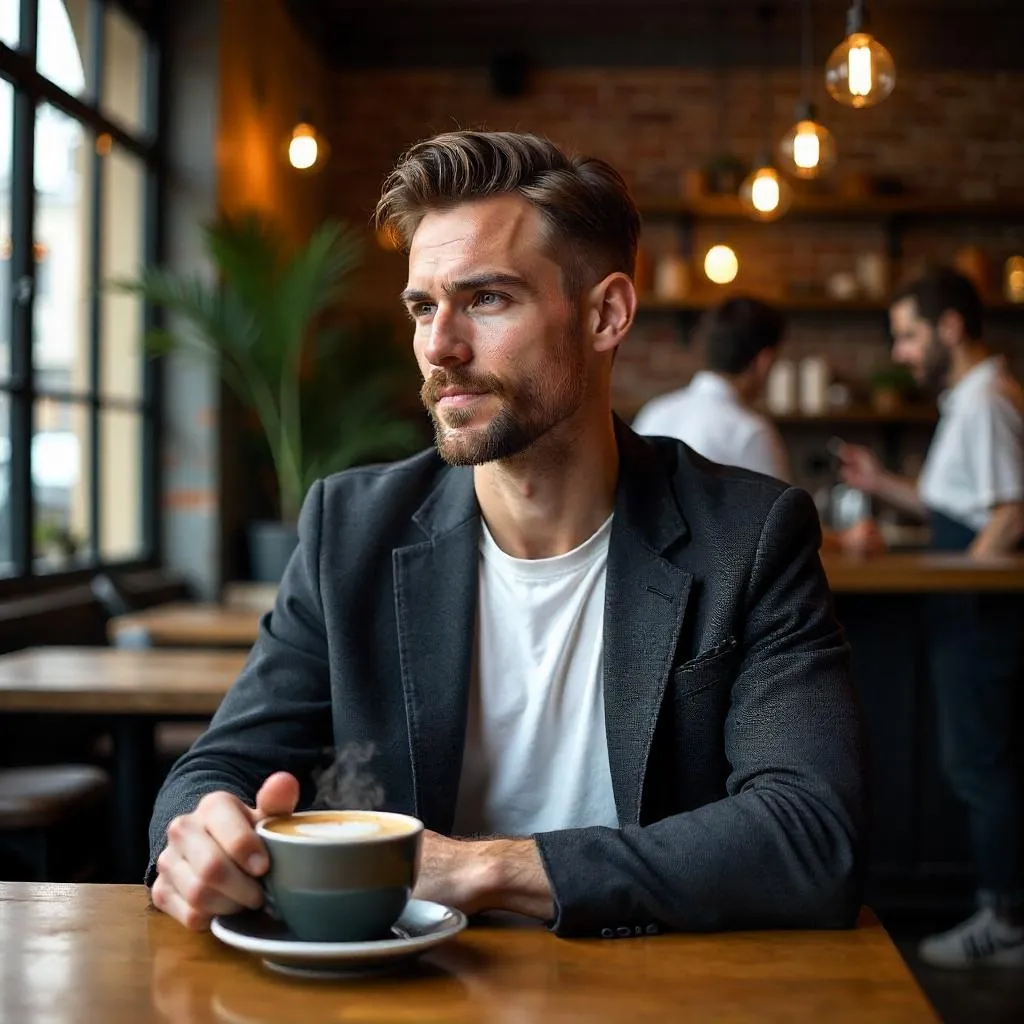 Photorealistic stylish White man in a cozy cafe
