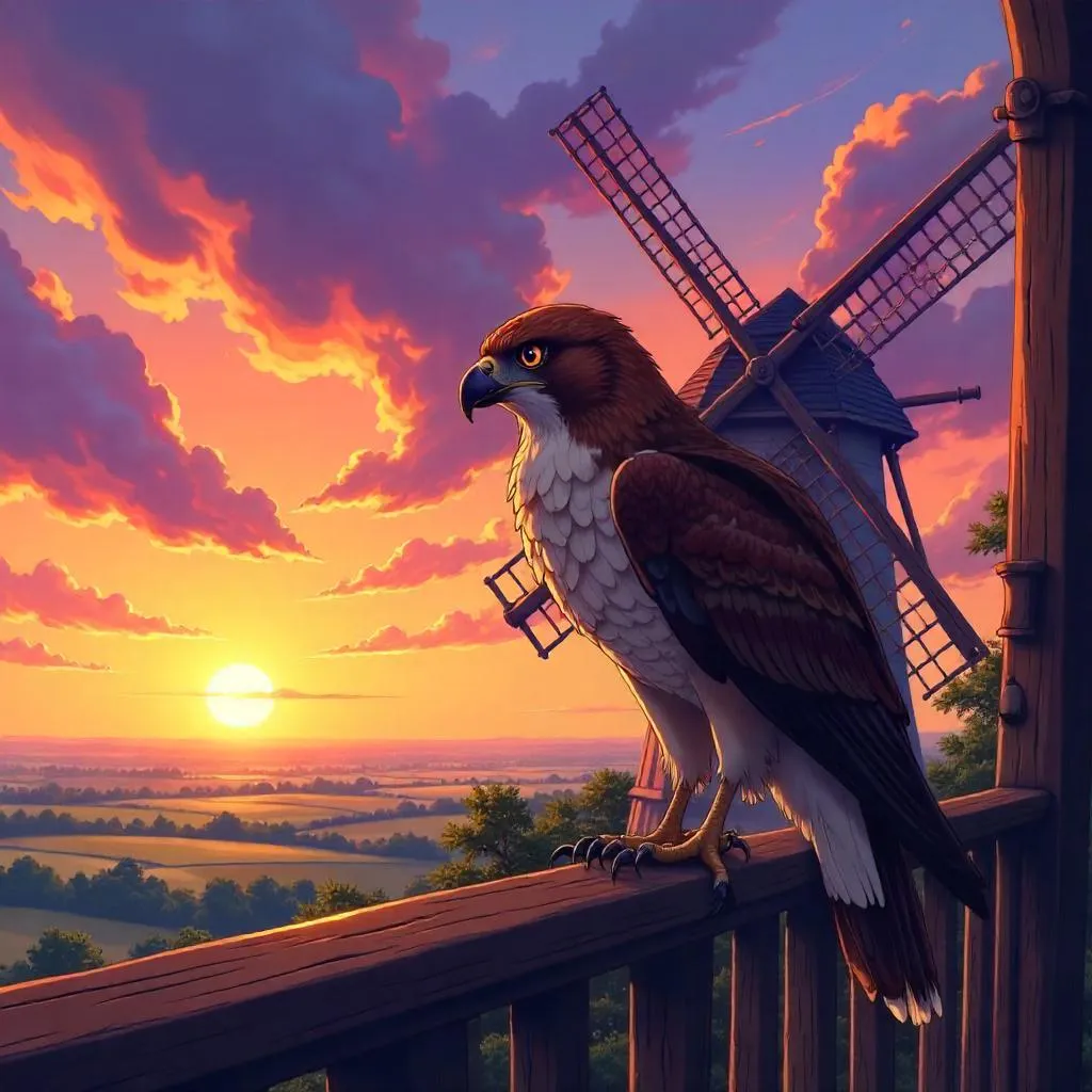 An Anime Hawk on a Windmill at Sunset