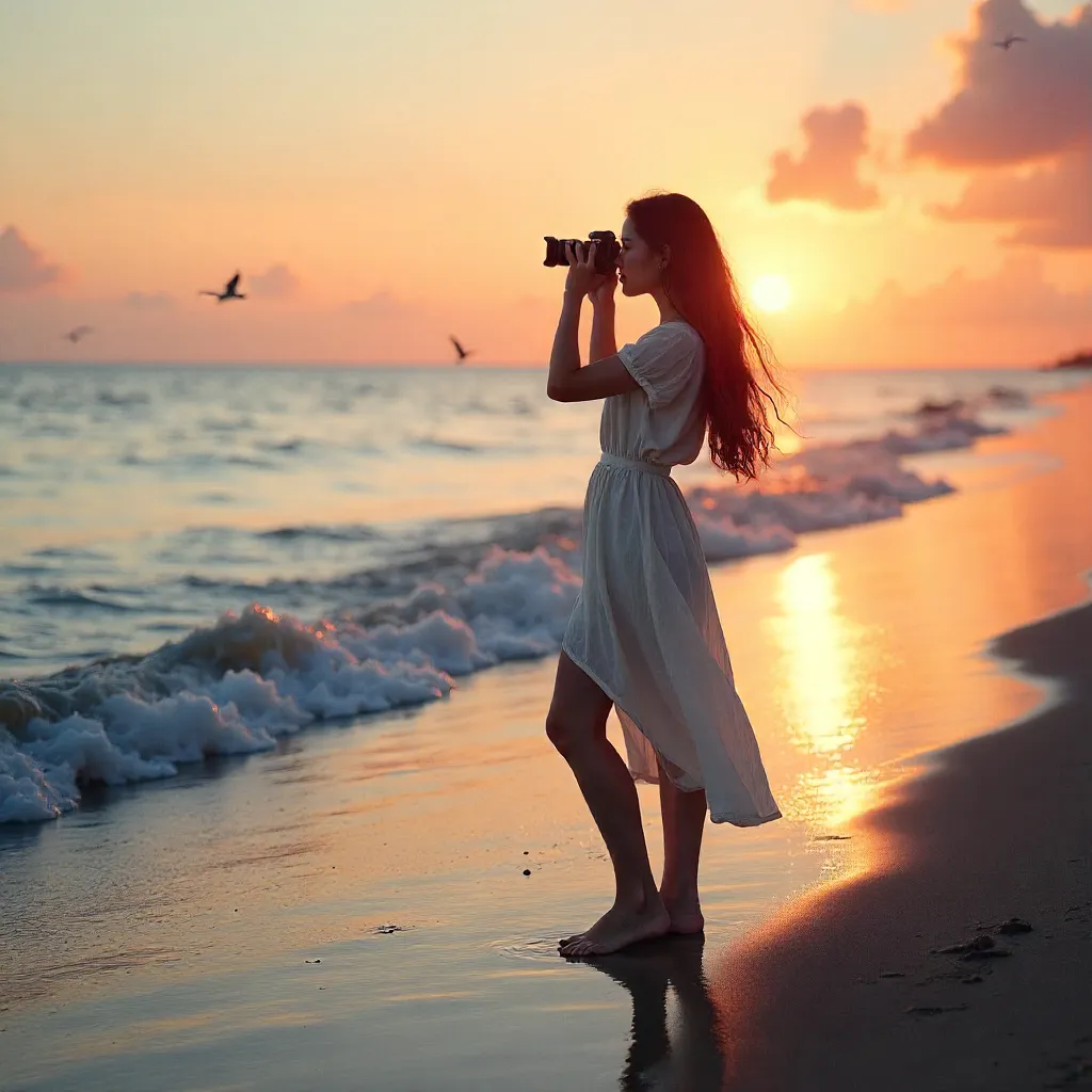 Golden Hour Portrait: Woman with Flowing Hair by the Beach