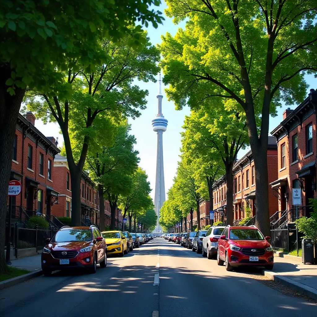 Leafy Toronto Street with CN Tower in View