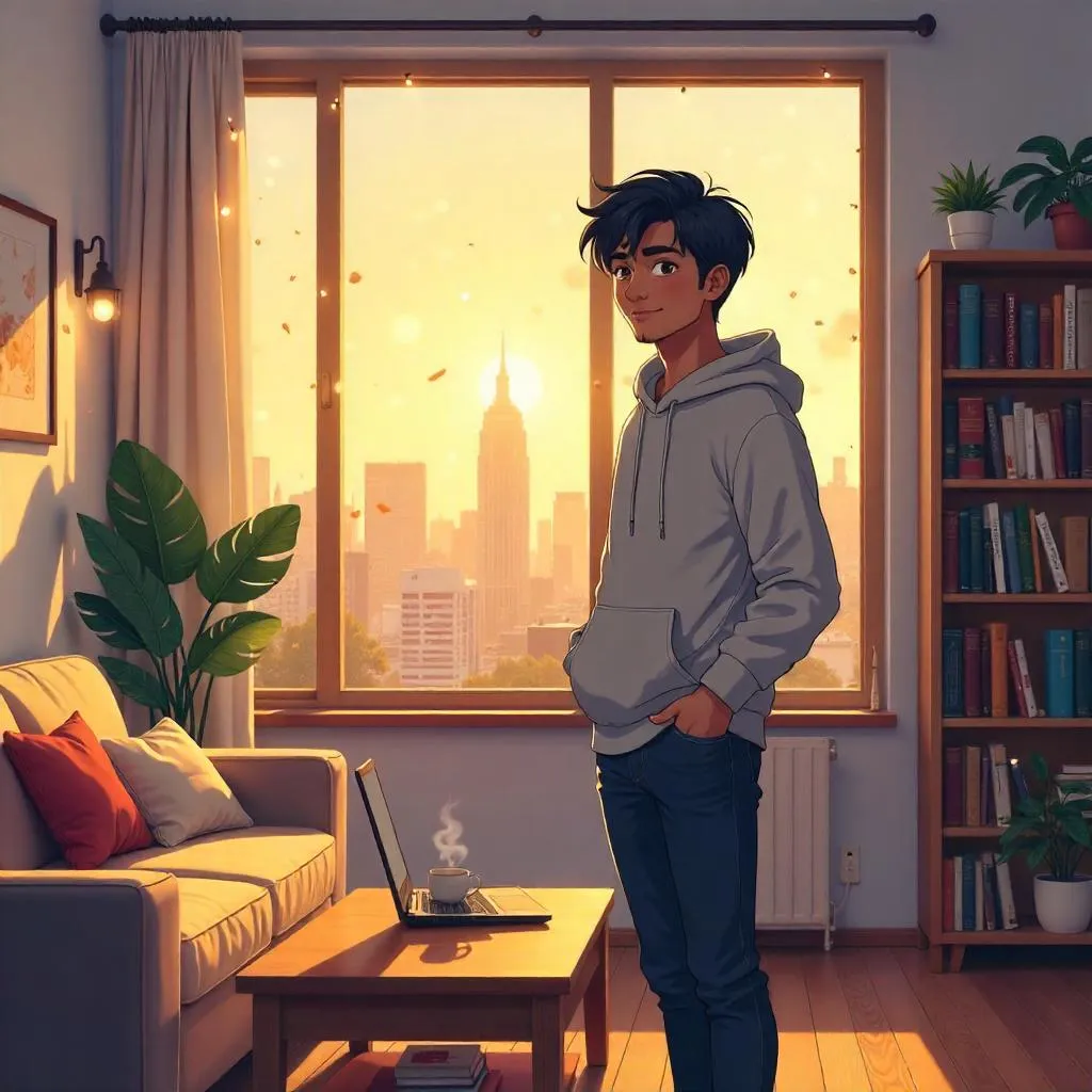 Young Indian Man in a Cozy Anime Apartment