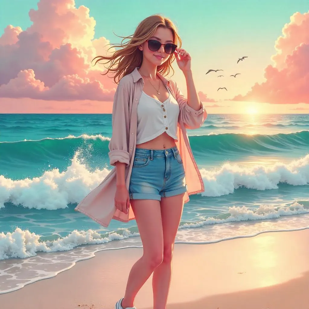 Coastal Chic: Anime Girl by the Ocean