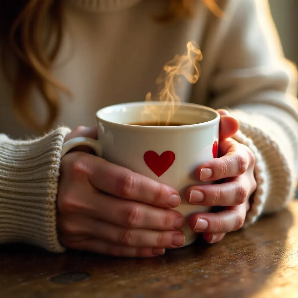 Close-Up Cozy: Hands Holding a Heart-Patterned White Mug