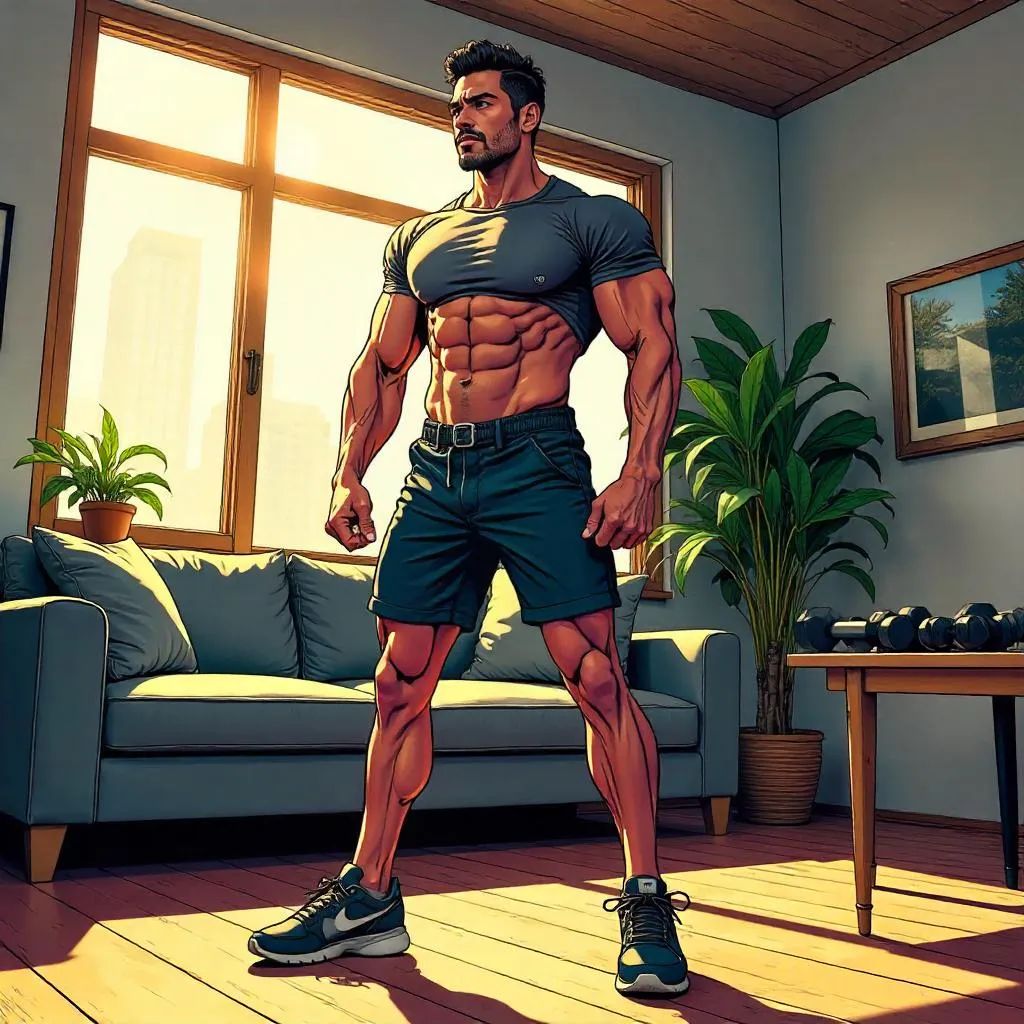 Athletic Latino Hero at Home in Comic Style