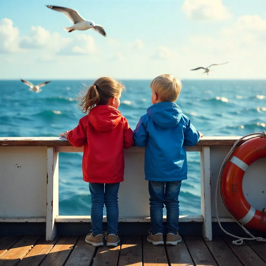 Two Children on a Boat Deck Gazing at the Ocean