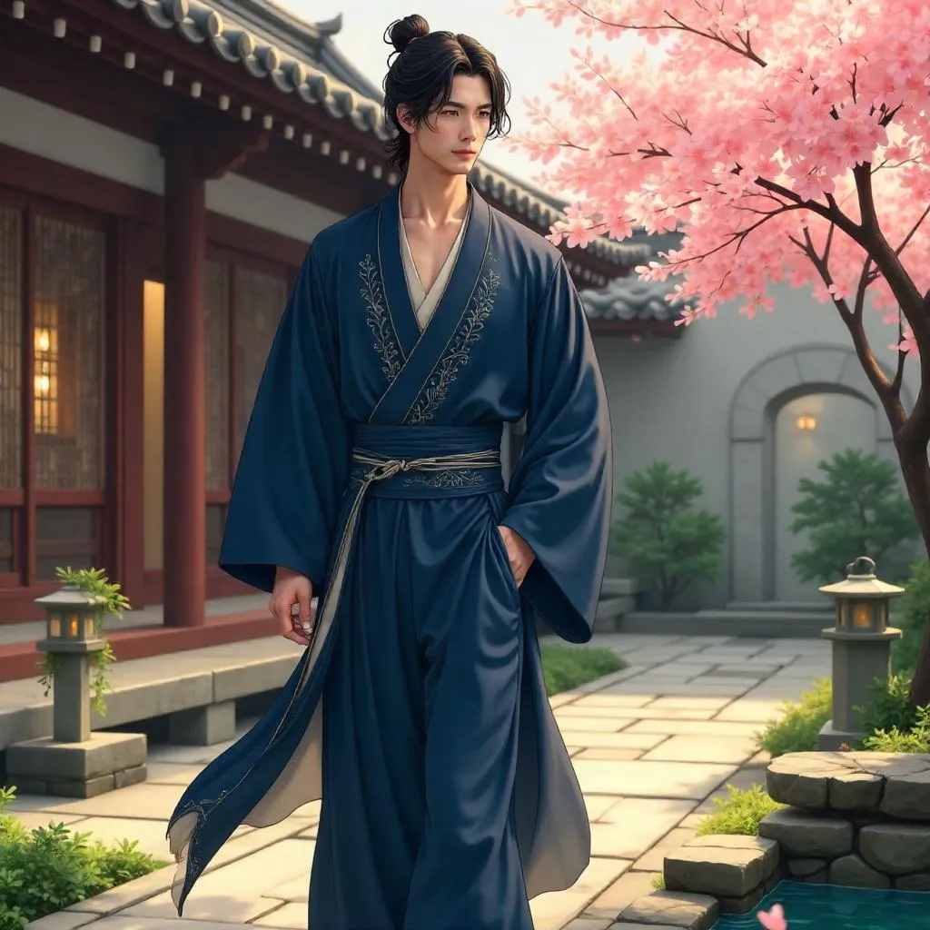 Elegant Asian Man in an Anime Courtyard