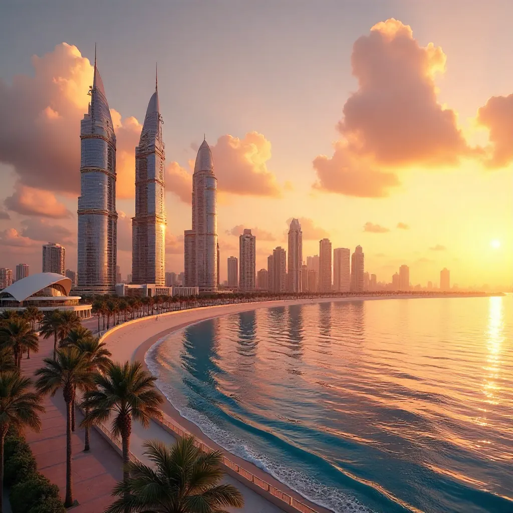 Golden Reflections over Abu Dhabi Skyline at Dusk