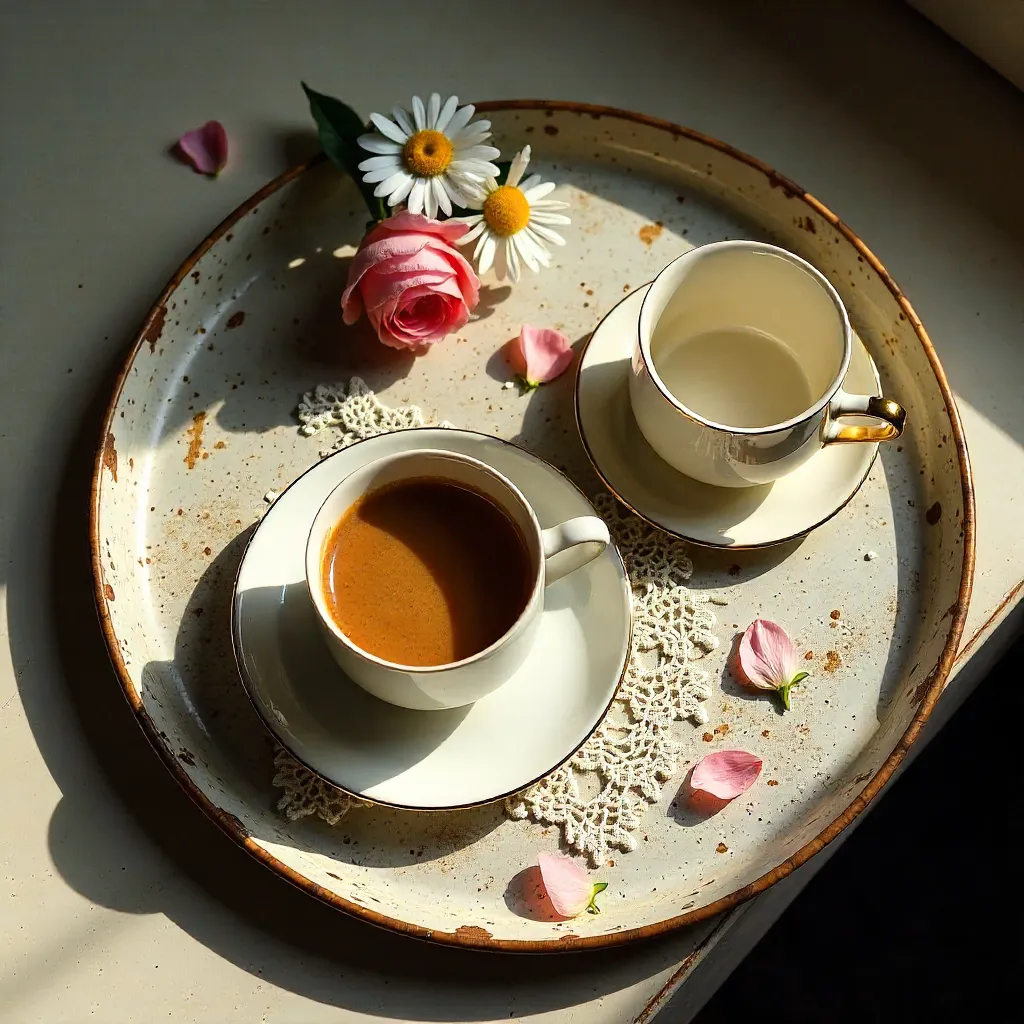 Top-Down Aesthetic Coffee, Tea and Flowers on Vintage Tray