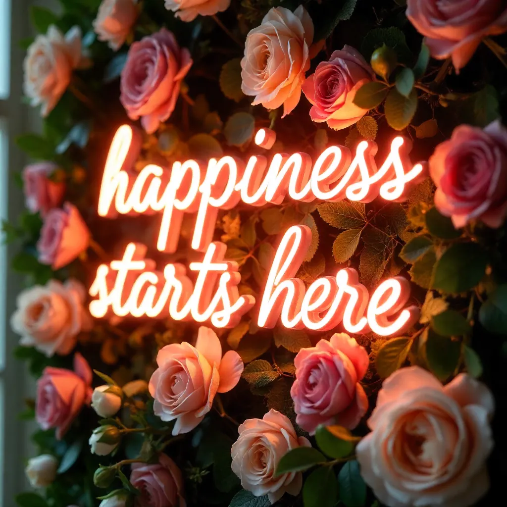 Neon Happiness Starts Here on a Floral Wall