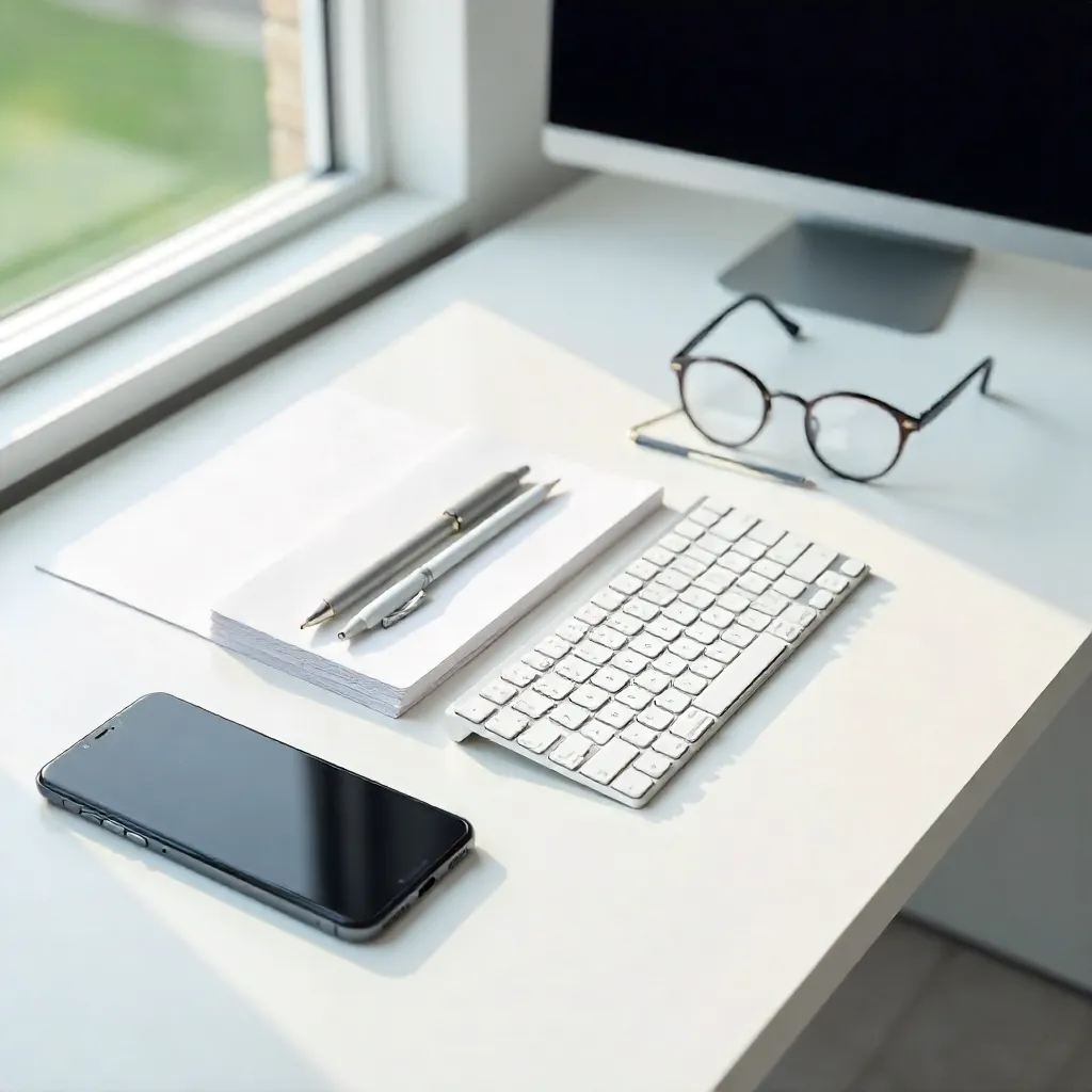 Modern Minimalist Workspace with Smartphone and Stationery