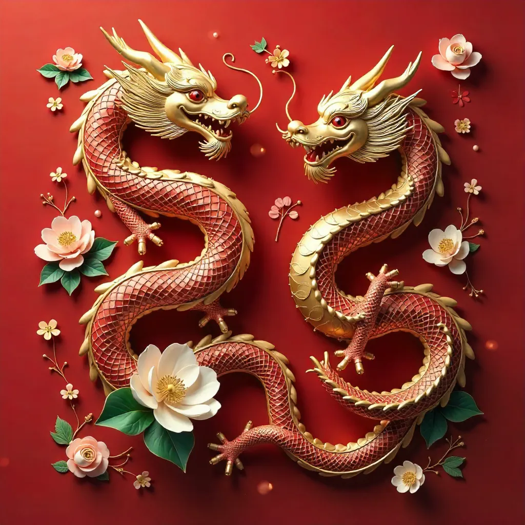 Elegant Chinese Dragon Ornaments on a Vibrant Red Backdrop