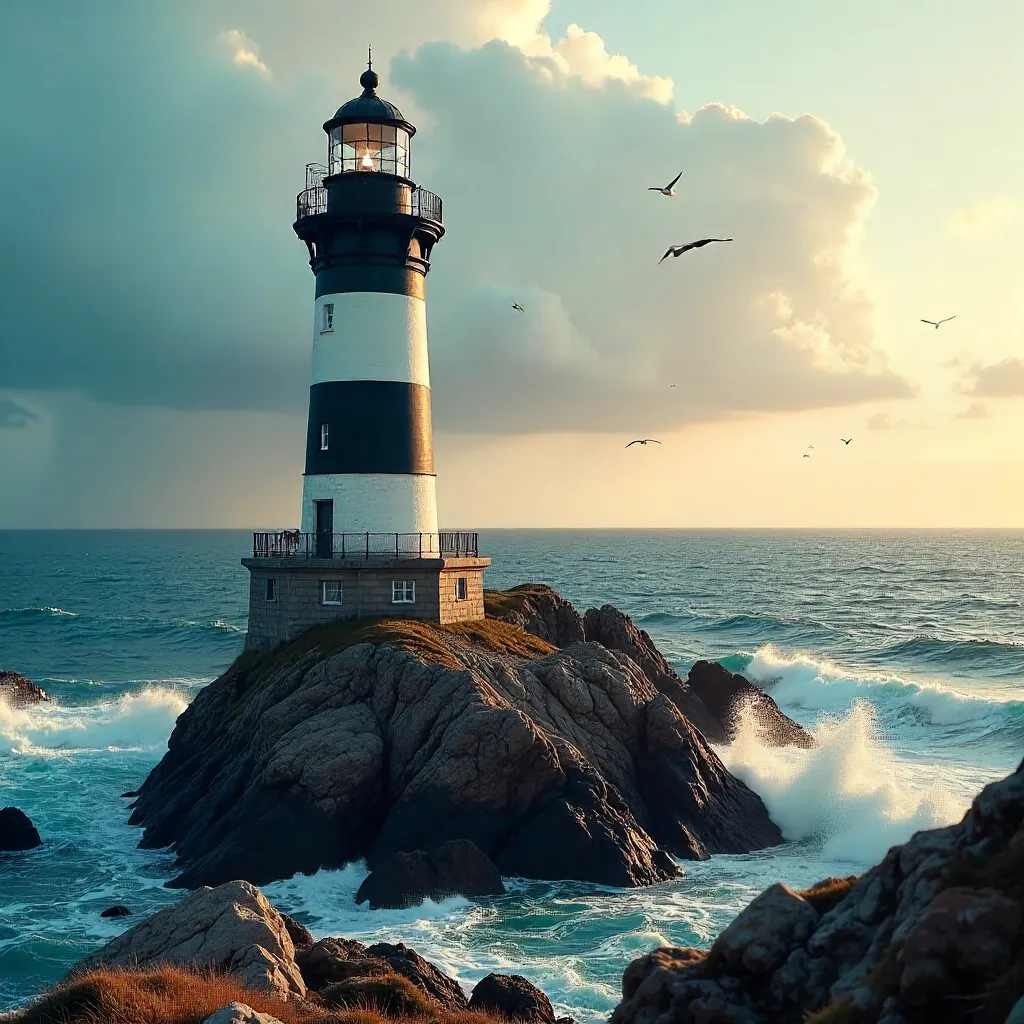 Distinct Black and White Striped Lighthouse Over Blue Ocean