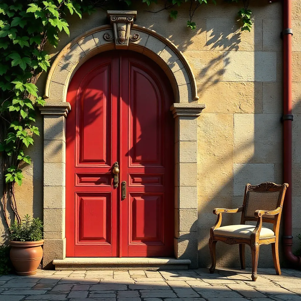 Arched Red Door with Ornate Carvings beside Rustic Chair