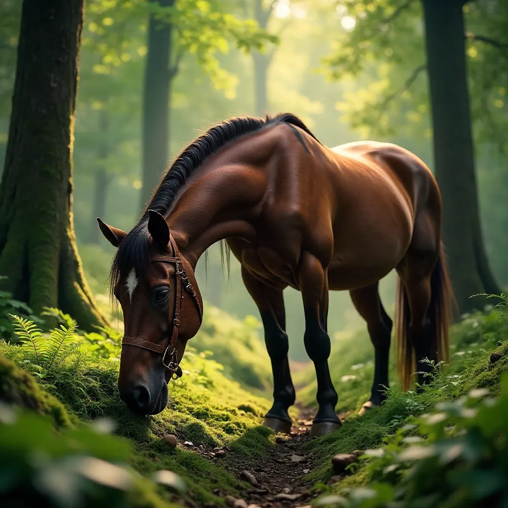 Brown Horse Grazing in a Serene Forest